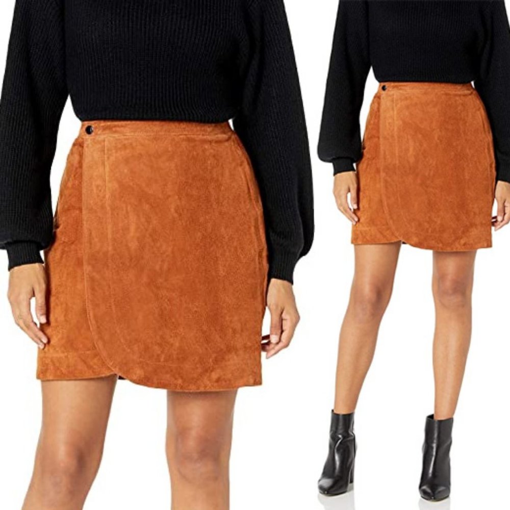 NEW BlankNYC Real Genuine Suede Leather Wrap Mini Skirt Sweater Weather Camel 29 - Picture 4 of 7